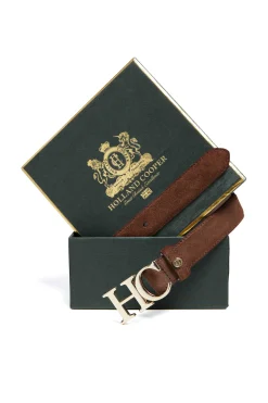 Holland Cooper Atelier Slim Logo Belt Chocolate Suede