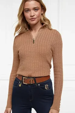 Holland Cooper Ava Half Zip Knit Dark Camel Marl Outlet