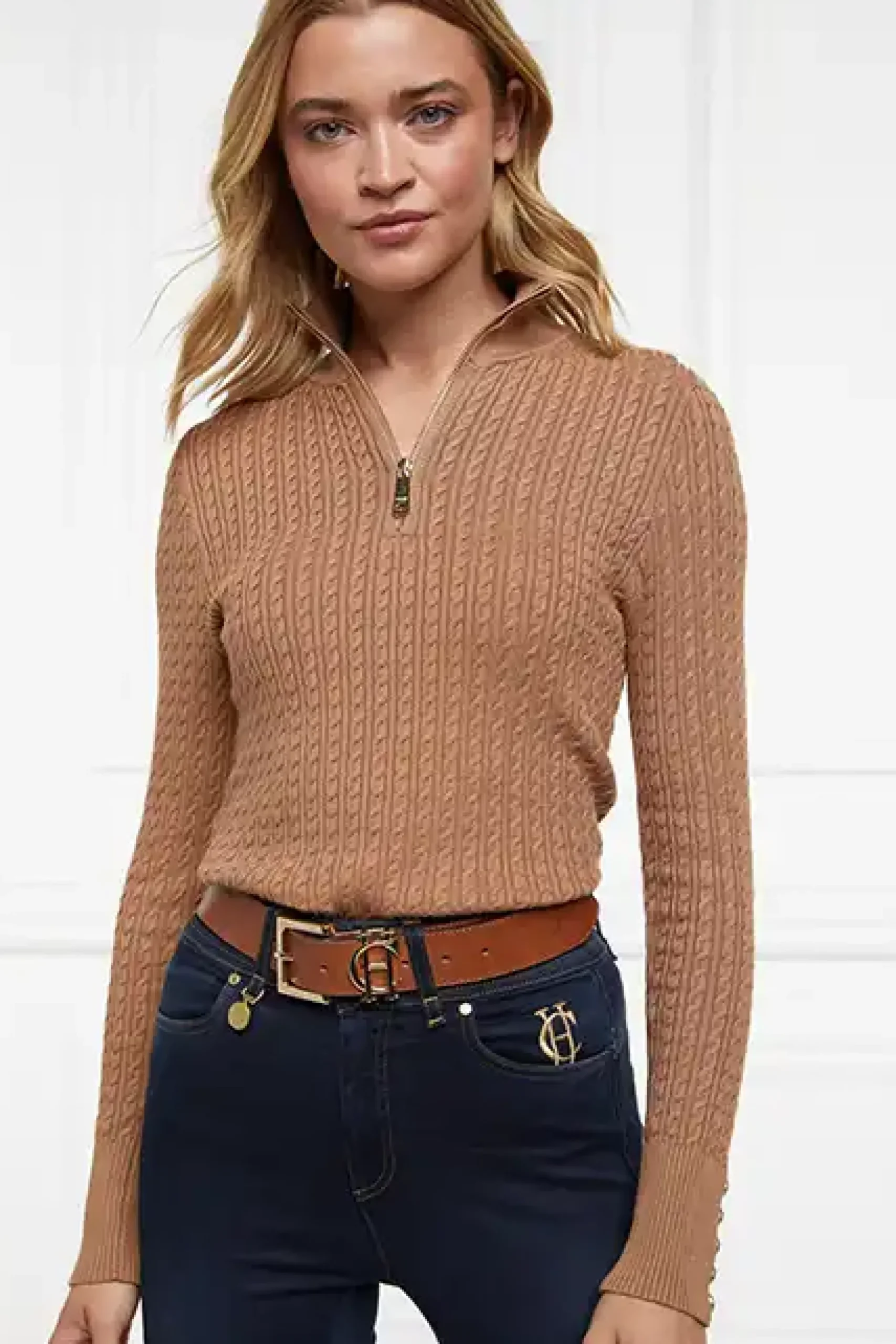 Holland Cooper Ava Half Zip Knit Dark Camel Marl Outlet