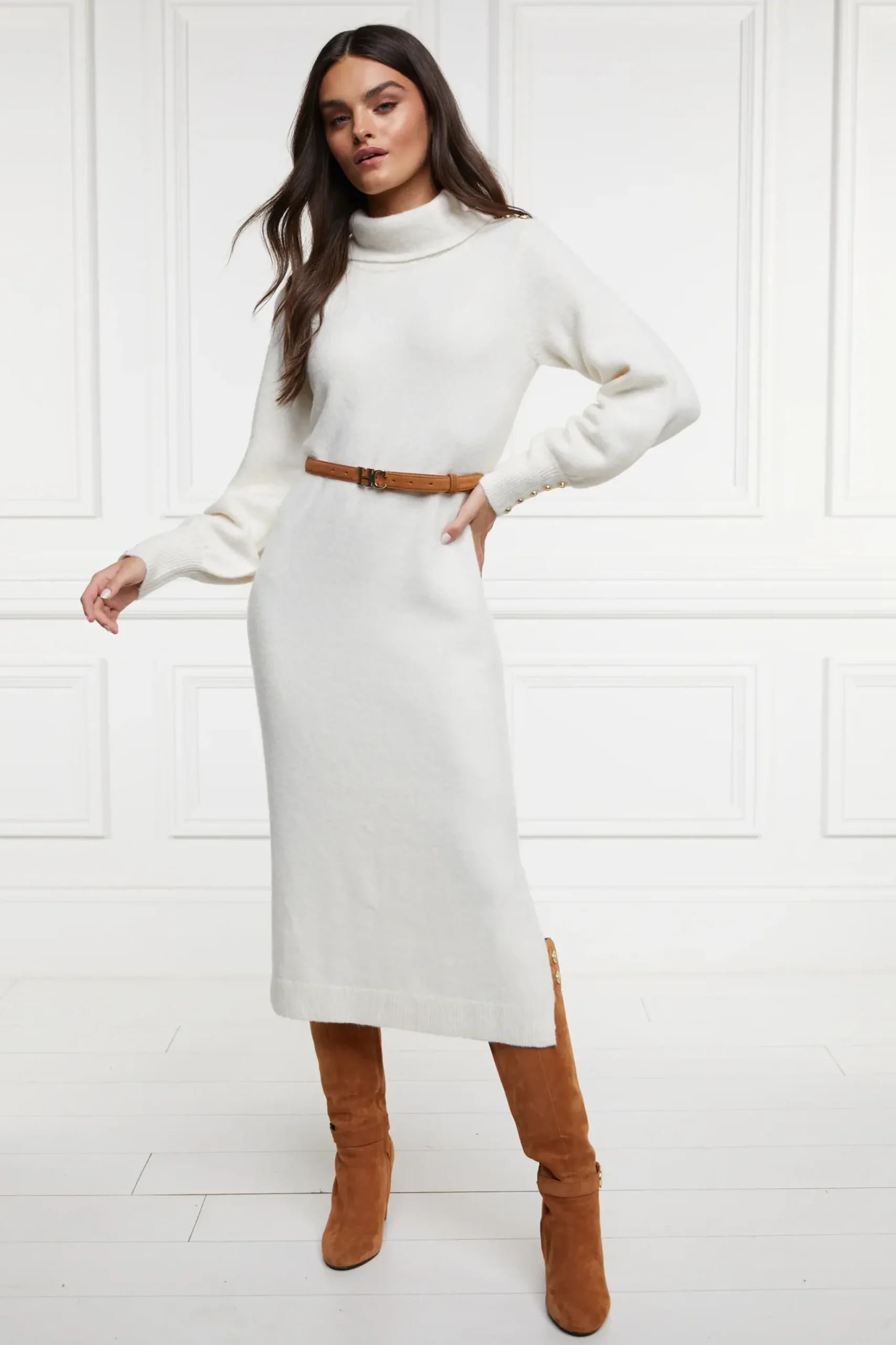 Holland Cooper Berkeley Roll Neck Dress Natural Clearance