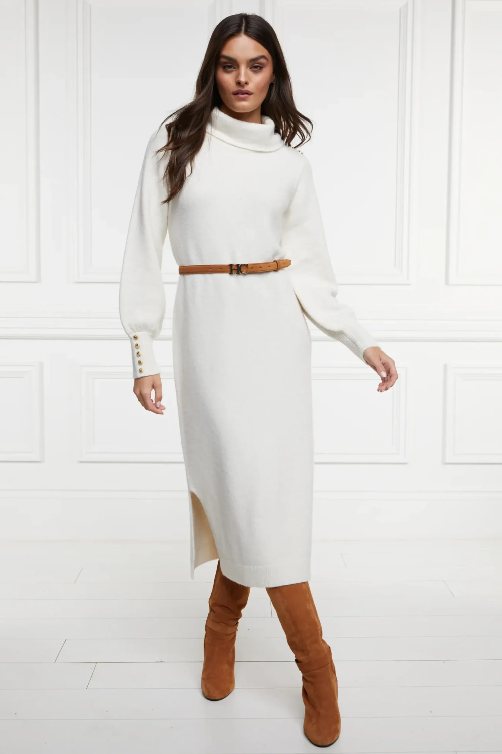 Holland Cooper Berkeley Roll Neck Dress Natural Clearance