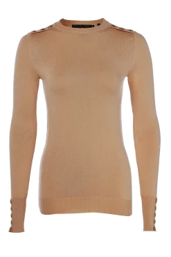Holland Cooper Buttoned Knit Crew Neck Dark Camel Hot