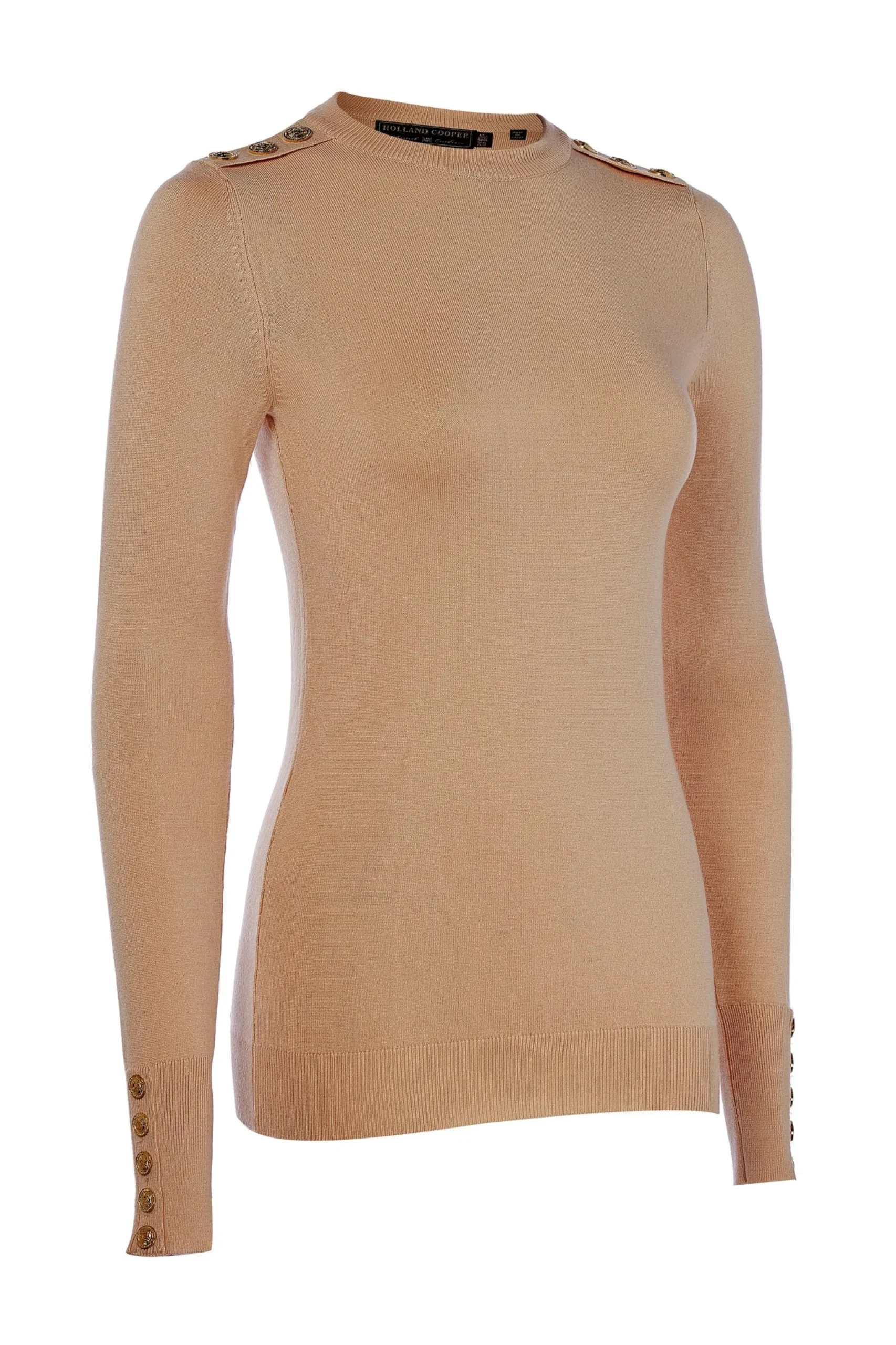 Holland Cooper Buttoned Knit Crew Neck Dark Camel Hot