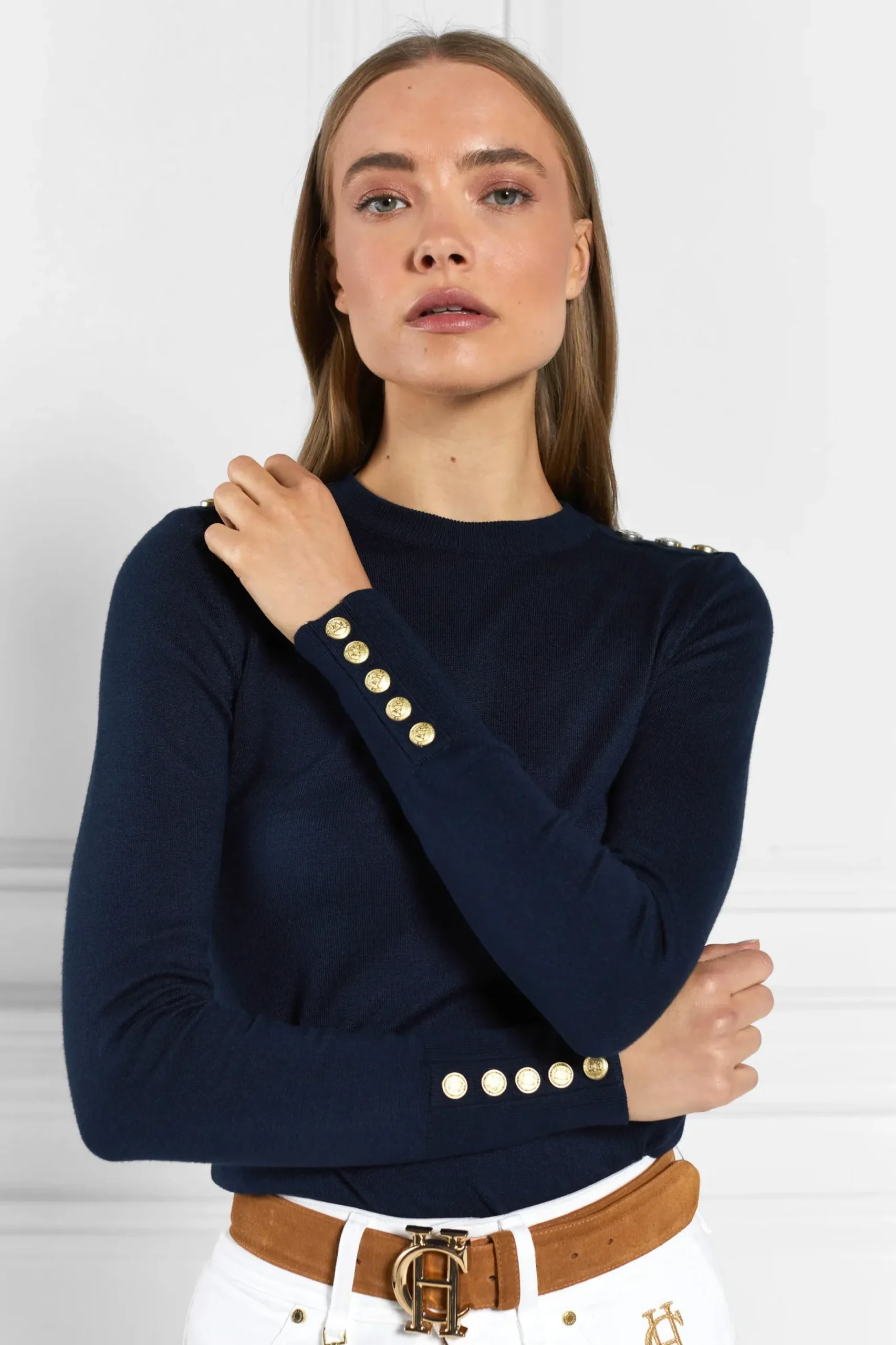 Holland Cooper Buttoned Knit Crew Neck Ink Navy Best