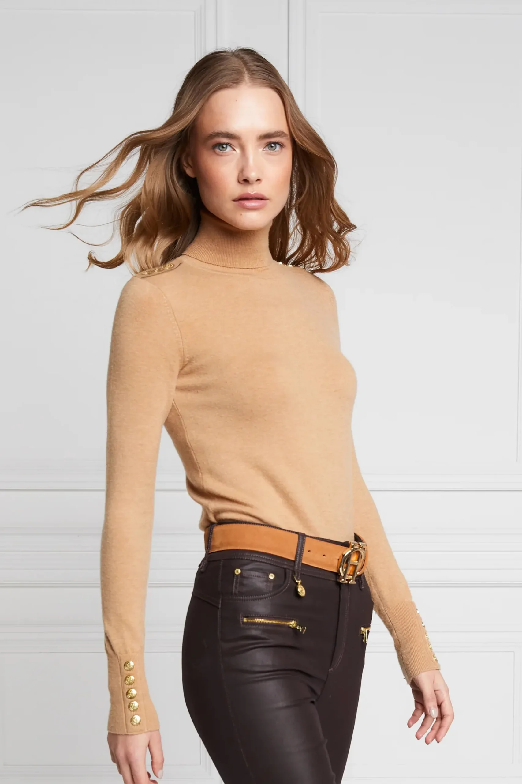 Holland Cooper Buttoned Knit Roll Neck Dark Camel Hot