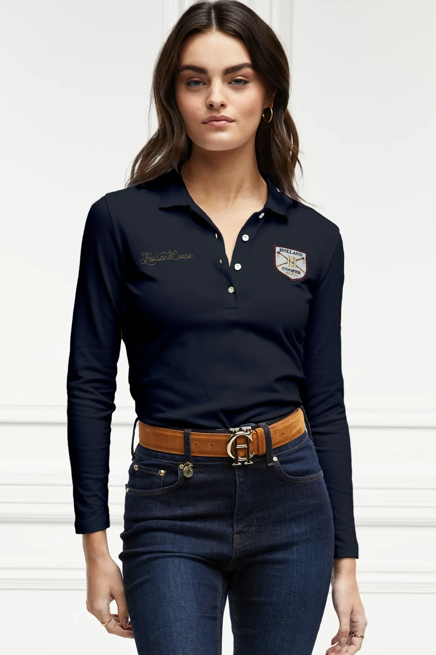 Holland Cooper Classic Long Sleeve Polo Shirt Ink Navy Sale