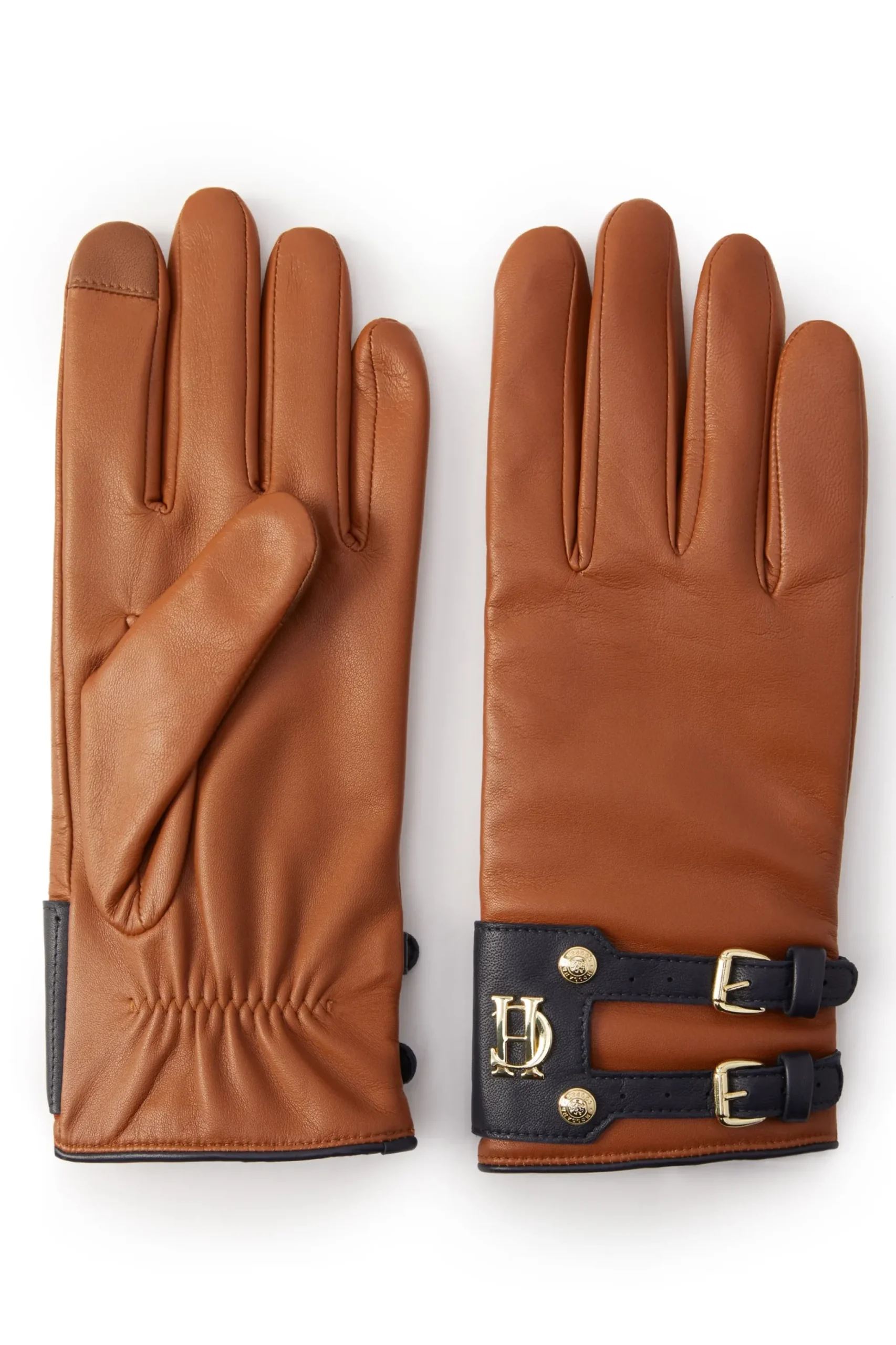 Holland Cooper Contrast Leather Gloves Tan Ink Navy Online