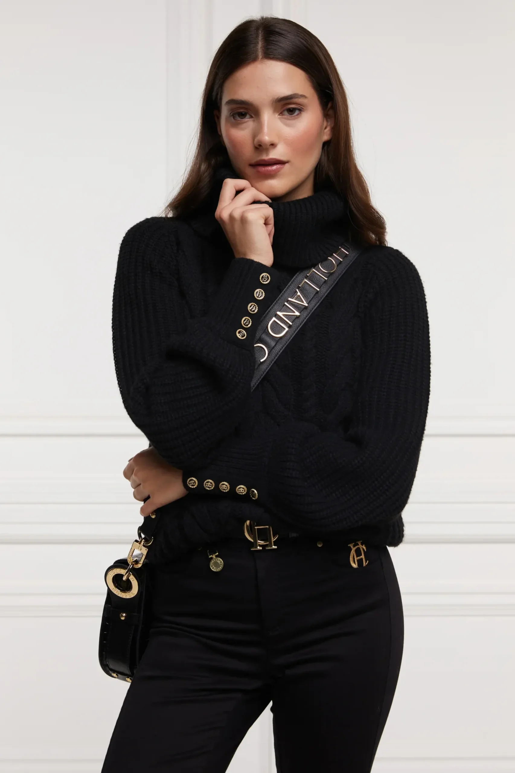 Holland Cooper Corded Roll Neck Knit Black New