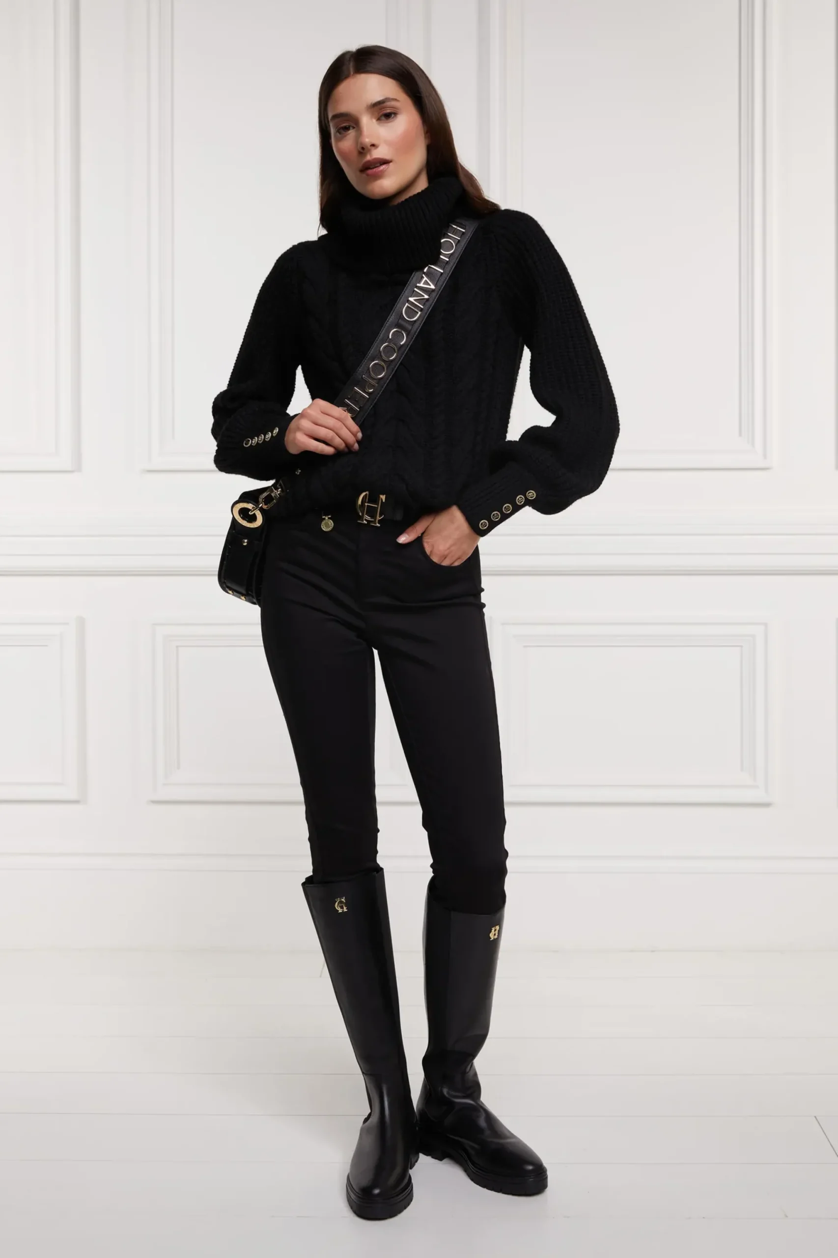 Holland Cooper Corded Roll Neck Knit Black New