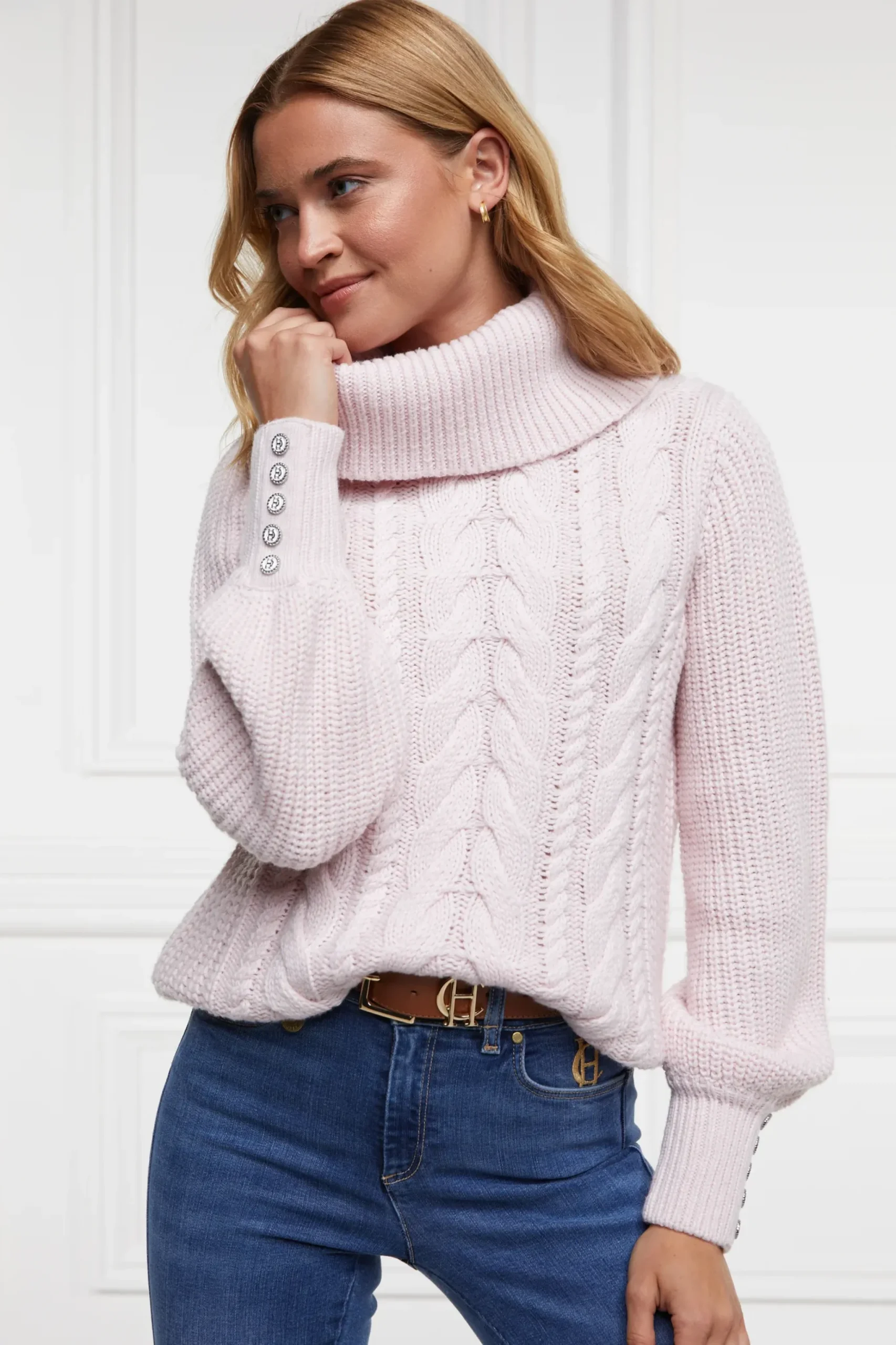 Holland Cooper Corded Roll Neck Knit Ice Pink New