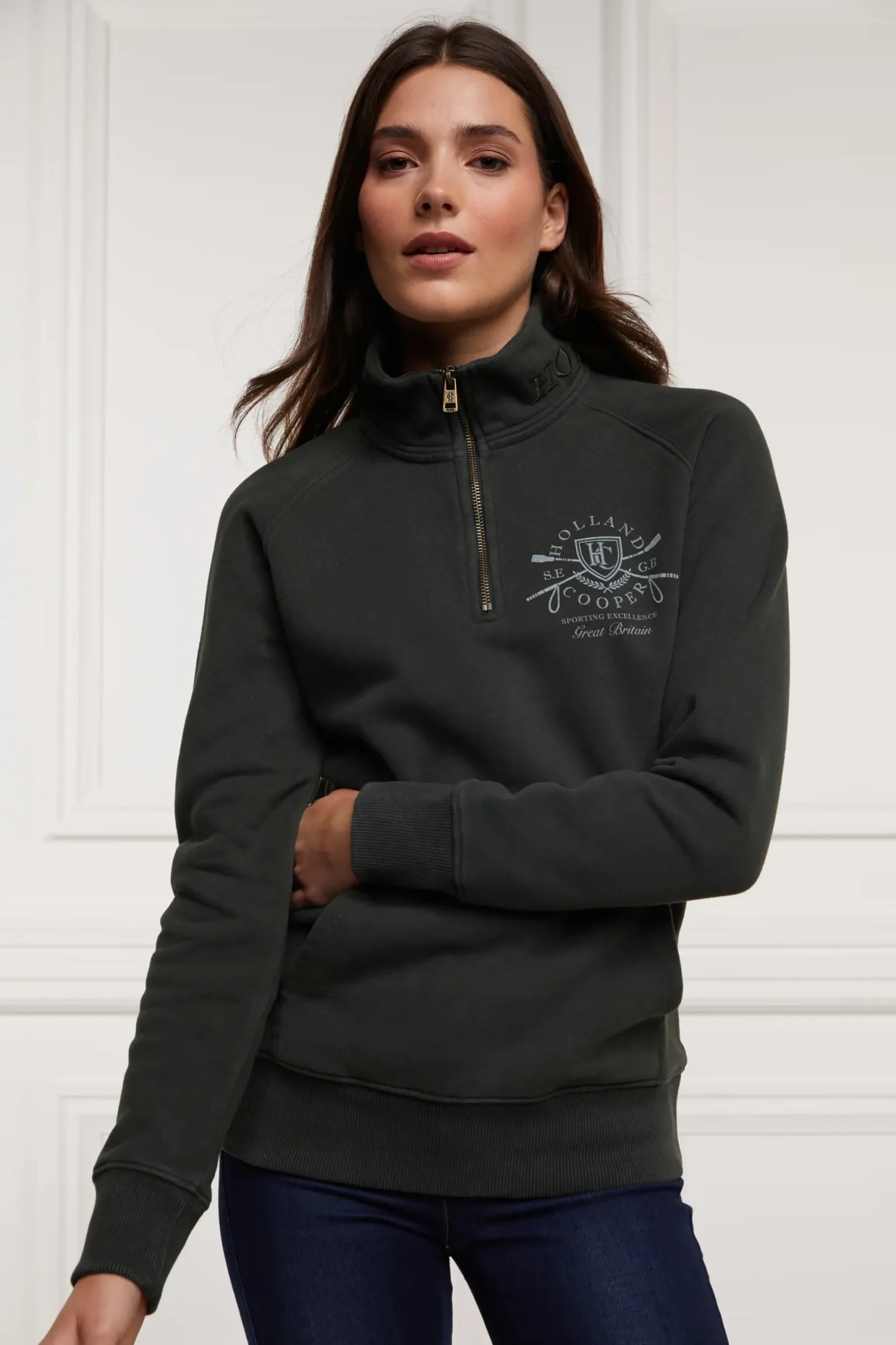 Holland Cooper Crest Zip Henley Racing Green New