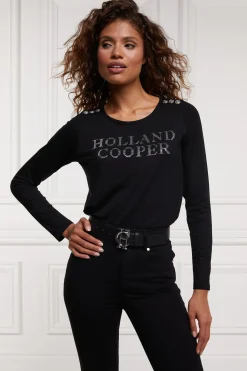 Holland Cooper Diamante Long Sleeve Crew Neck Tee Black Silver