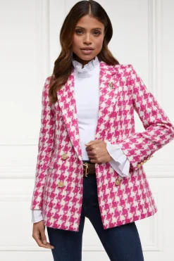 Holland Cooper Double Breasted Blazer Hot Pink Large Scale Houndstooth Discount