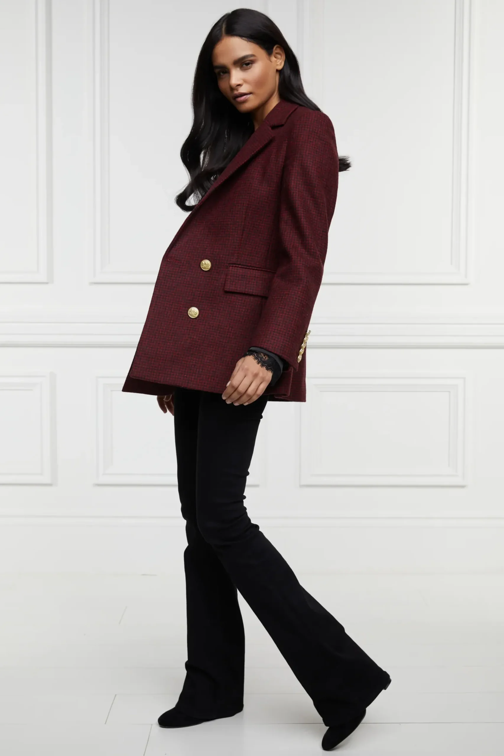 Holland Cooper Double Breasted Blazer Deep Red Houndstooth