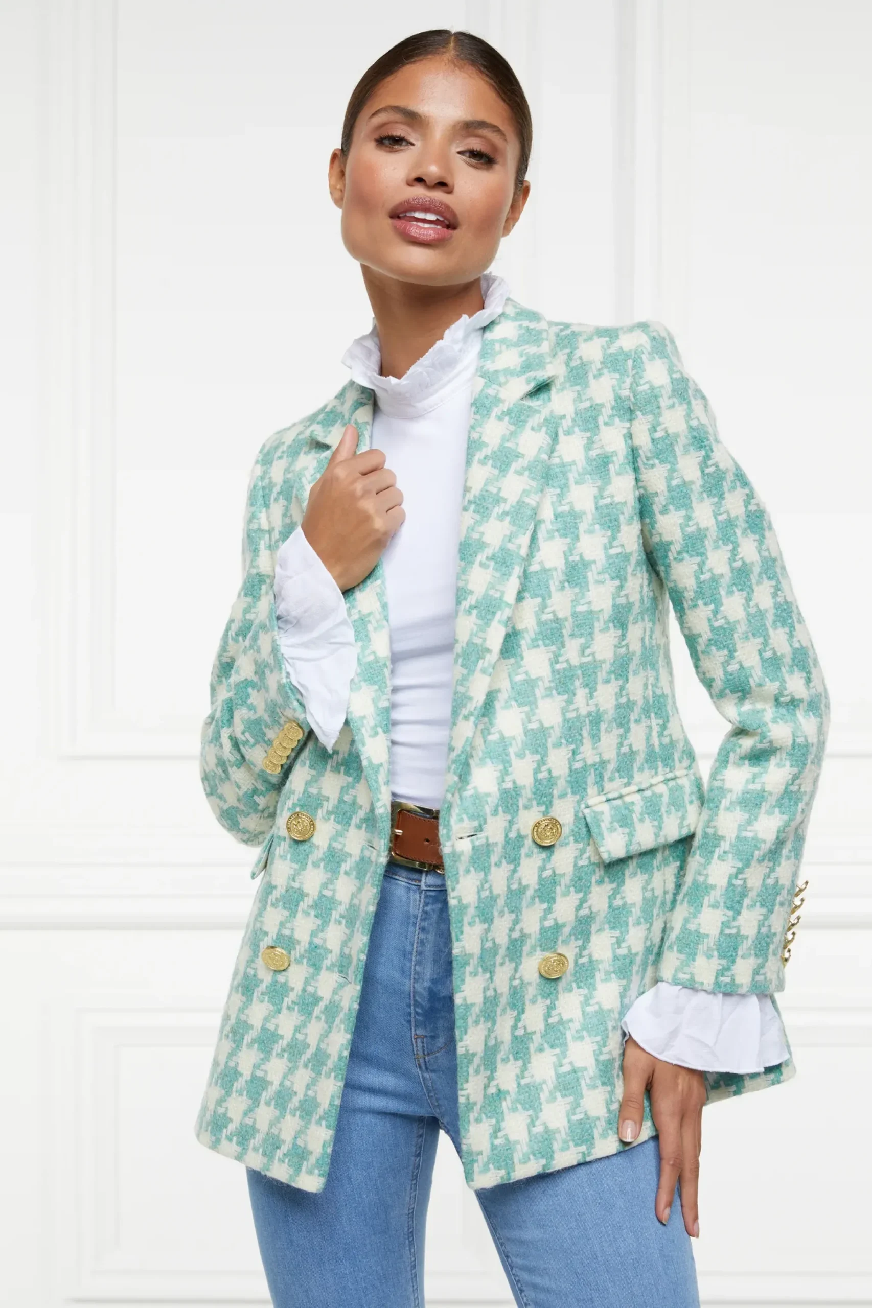 Holland Cooper Double Breasted Blazer Large Scale Teal Houndstooth Clearance
