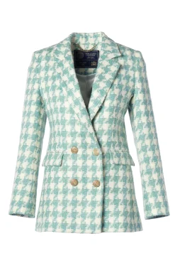 Holland Cooper Double Breasted Blazer Large Scale Teal Houndstooth Clearance
