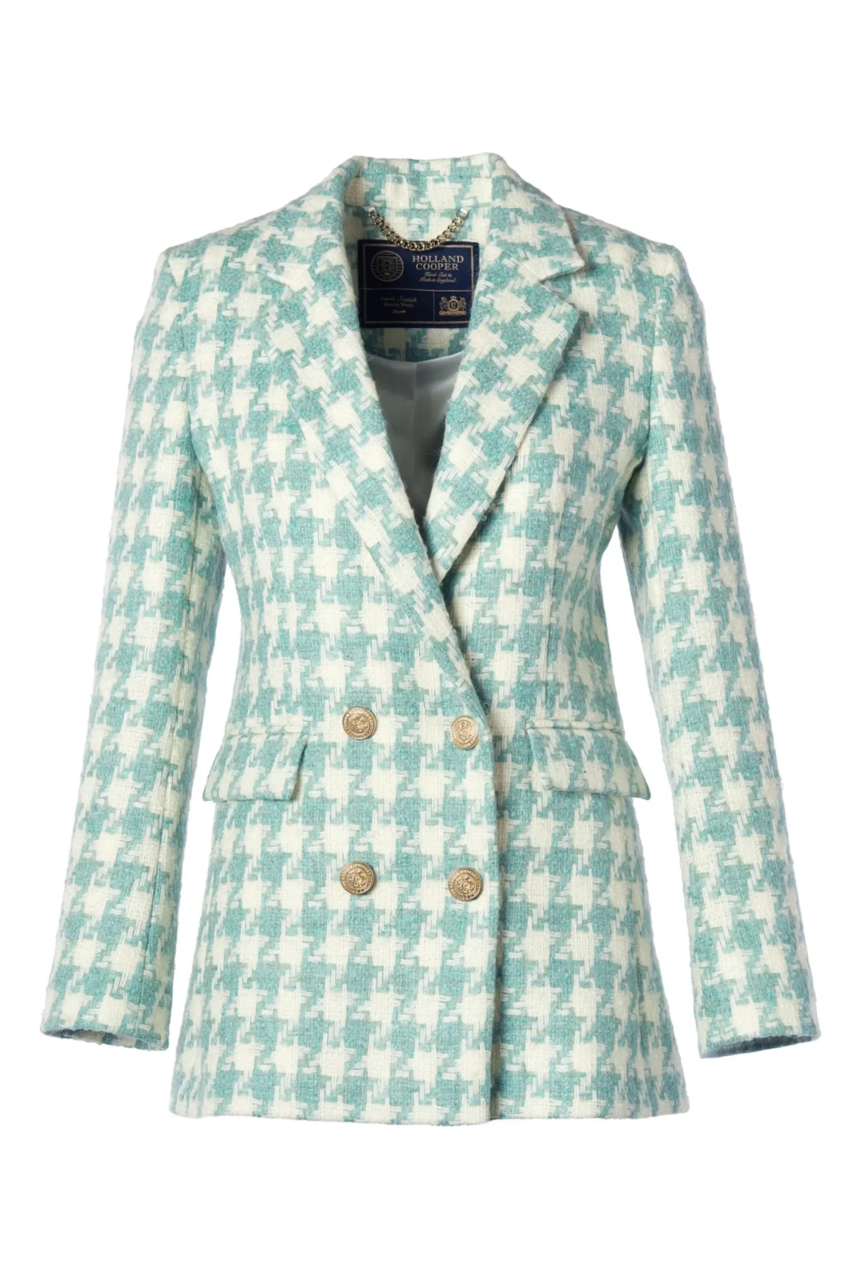 Holland Cooper Double Breasted Blazer Large Scale Teal Houndstooth Clearance