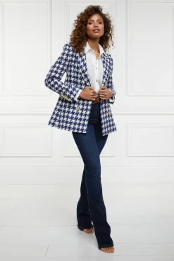 Holland Cooper Double Breasted Blazer Large Scale Navy Houndstooth Clearance