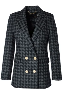 Holland Cooper Double Breasted Blazer Large Scale Charcoal Houndstooth Sale