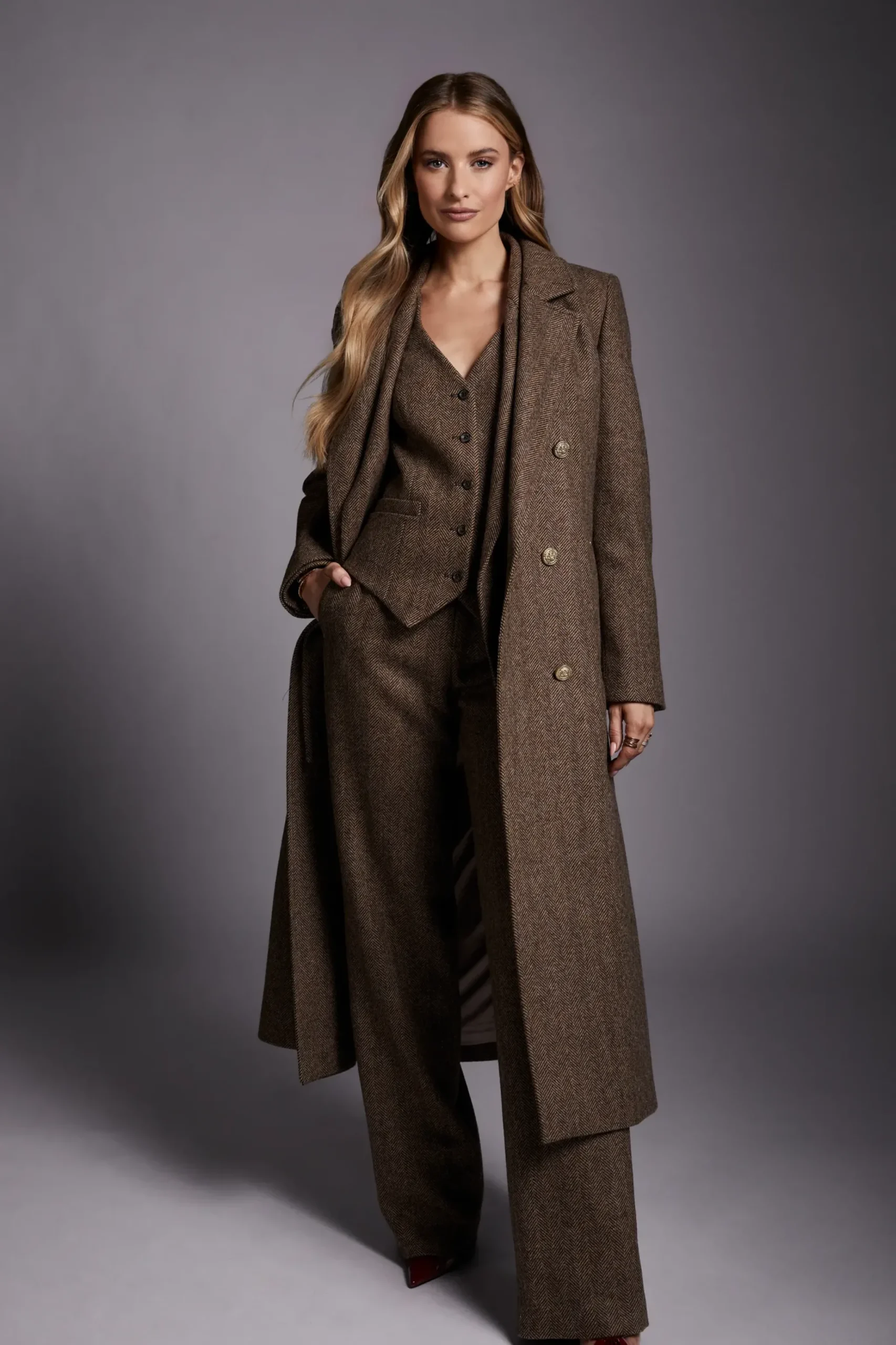 Holland Cooper Double Breasted Coat Large Scale Brown Herringbone Hot
