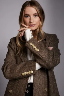 Holland Cooper Double Breasted Coat Large Scale Brown Herringbone Hot
