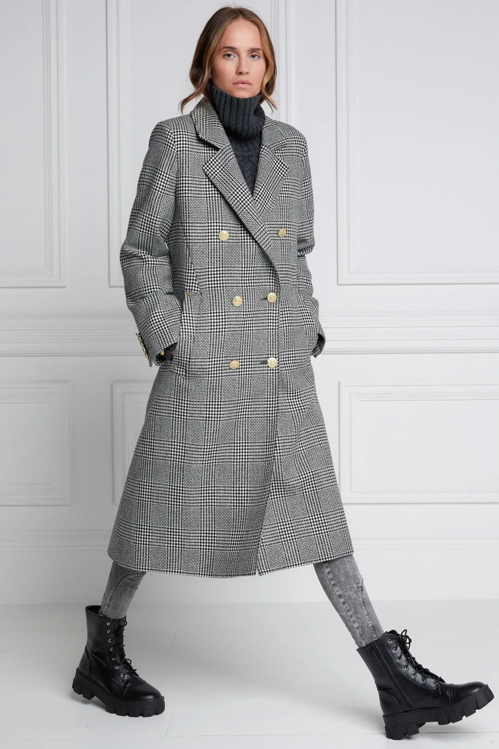 Holland Cooper Double Breasted Coat Prince of Wales Mono New