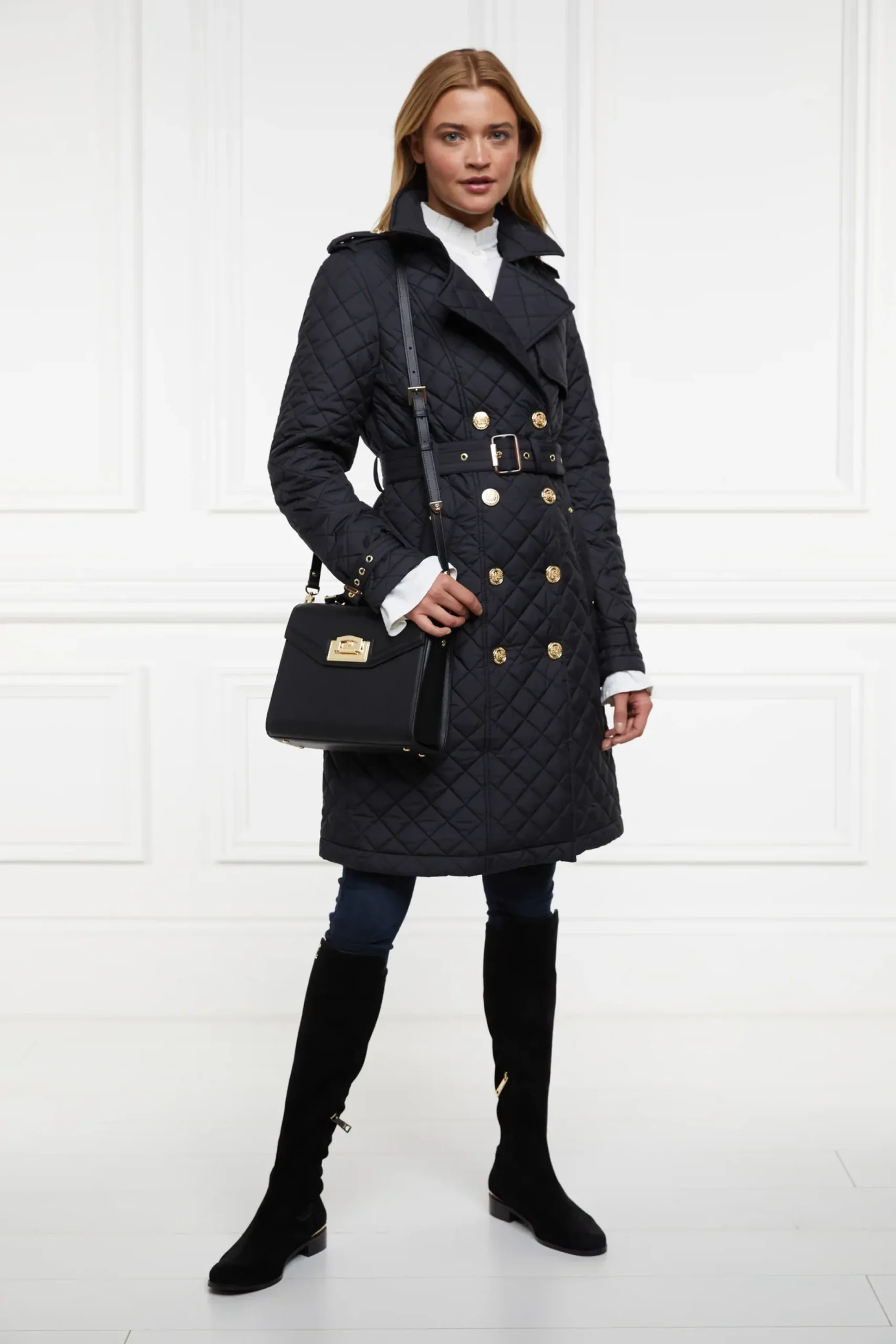 Holland Cooper Enstone Quilted Trench Coat Black Gold Outlet