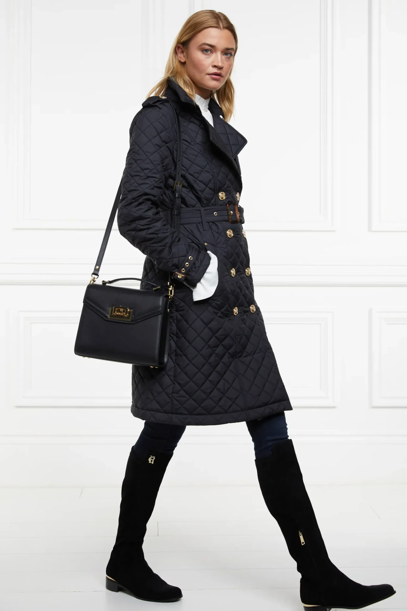 Holland Cooper Enstone Quilted Trench Coat Black Gold Outlet