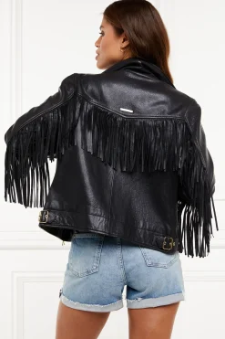 Holland Cooper Fringed Leather Biker Jacket Discount