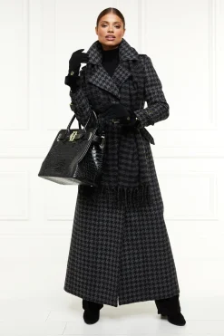 Holland Cooper Full Length Chelsea Trench Coat Large Scale Charcoal Houndstooth Outlet