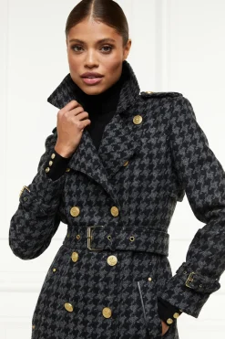Holland Cooper Full Length Chelsea Trench Coat Large Scale Charcoal Houndstooth Outlet