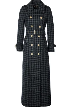 Holland Cooper Full Length Chelsea Trench Coat Large Scale Charcoal Houndstooth Outlet