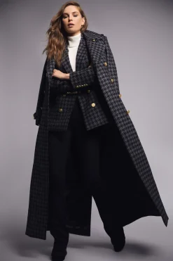 Holland Cooper Full Length Chelsea Trench Coat Large Scale Charcoal Houndstooth Outlet