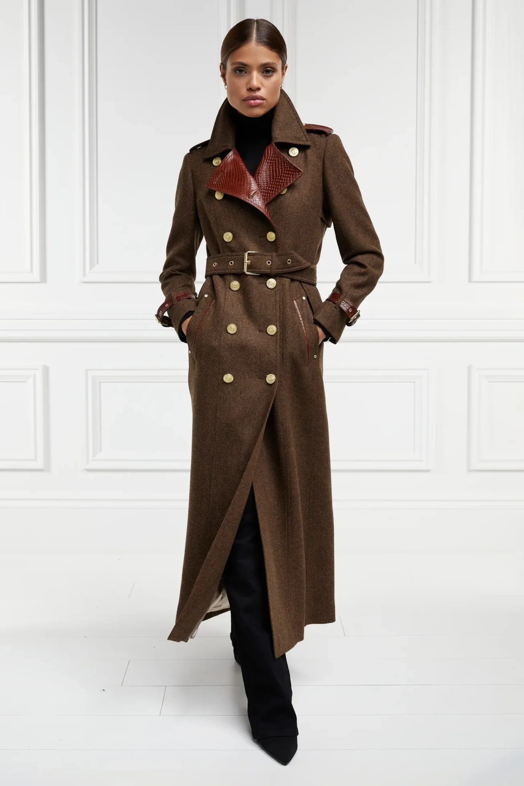 Holland Cooper Full Length Chelsea Trench Coat Tobacco Herringbone Best