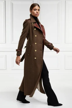 Holland Cooper Full Length Chelsea Trench Coat Tobacco Herringbone Best