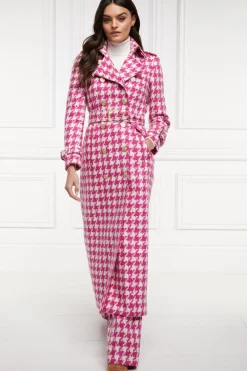 Holland Cooper Full Length Marlborough Trench Coat Hot Pink Large Scale Houndstooth New