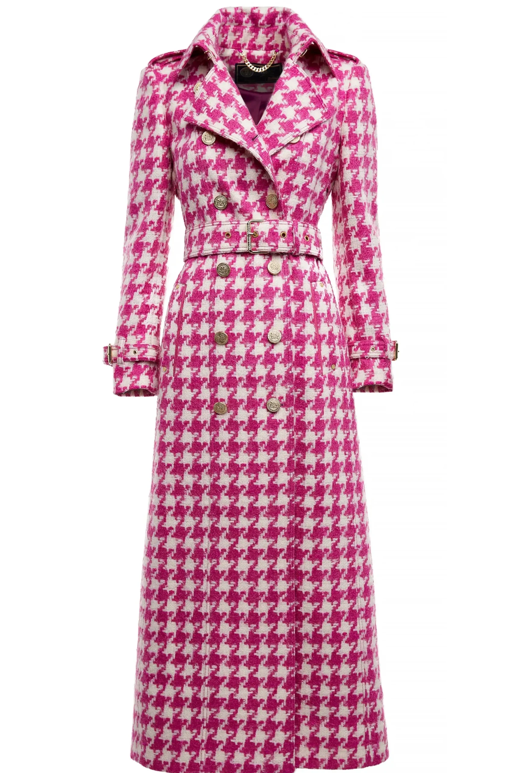 Holland Cooper Full Length Marlborough Trench Coat Hot Pink Large Scale Houndstooth New