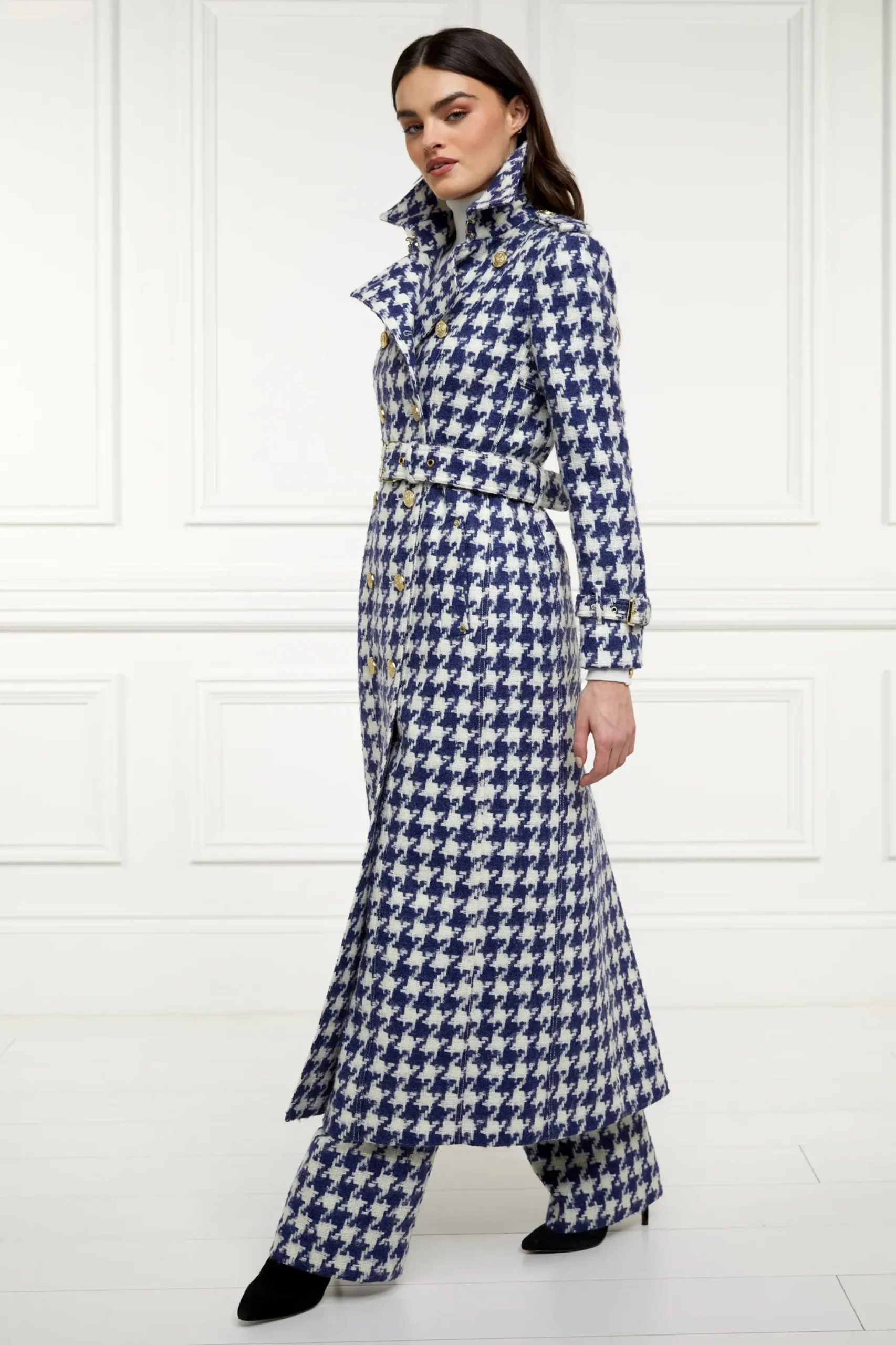 Holland Cooper Full Length Marlborough Trench Coat Large Scale Navy Houndstooth Best