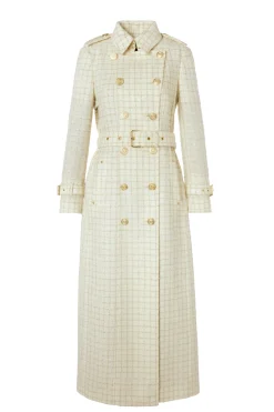 Holland Cooper Full Length Marlborough Trench Coat Ivory Sparkle Tweed Outlet