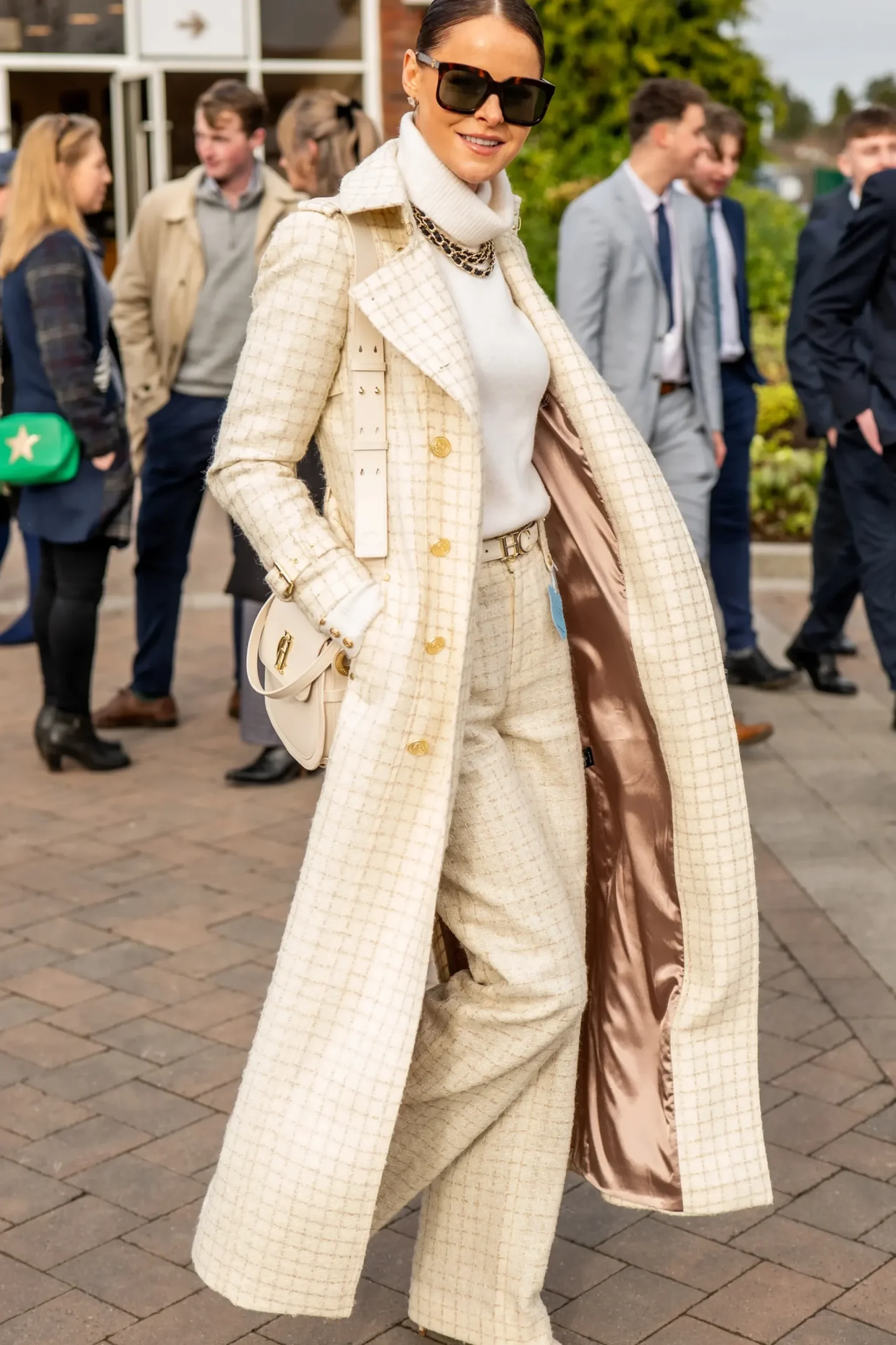 Holland Cooper Full Length Marlborough Trench Coat Ivory Sparkle Tweed Outlet