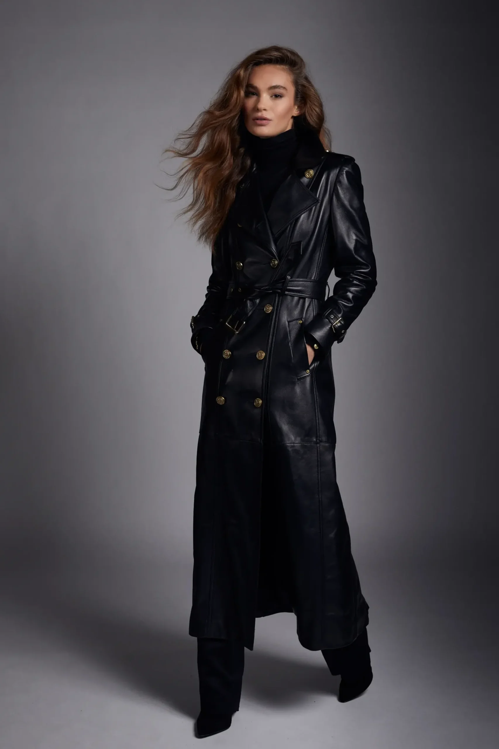 Holland Cooper Full Length Marlborough Trench Coat Valencia Leather Black Clearance