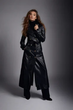 Holland Cooper Full Length Marlborough Trench Coat Valencia Leather Black Clearance