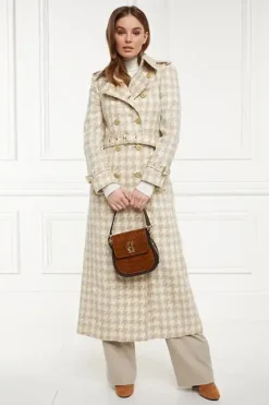 Holland Cooper Full Length Marlborough Trench Coat Camel Houndstooth Best