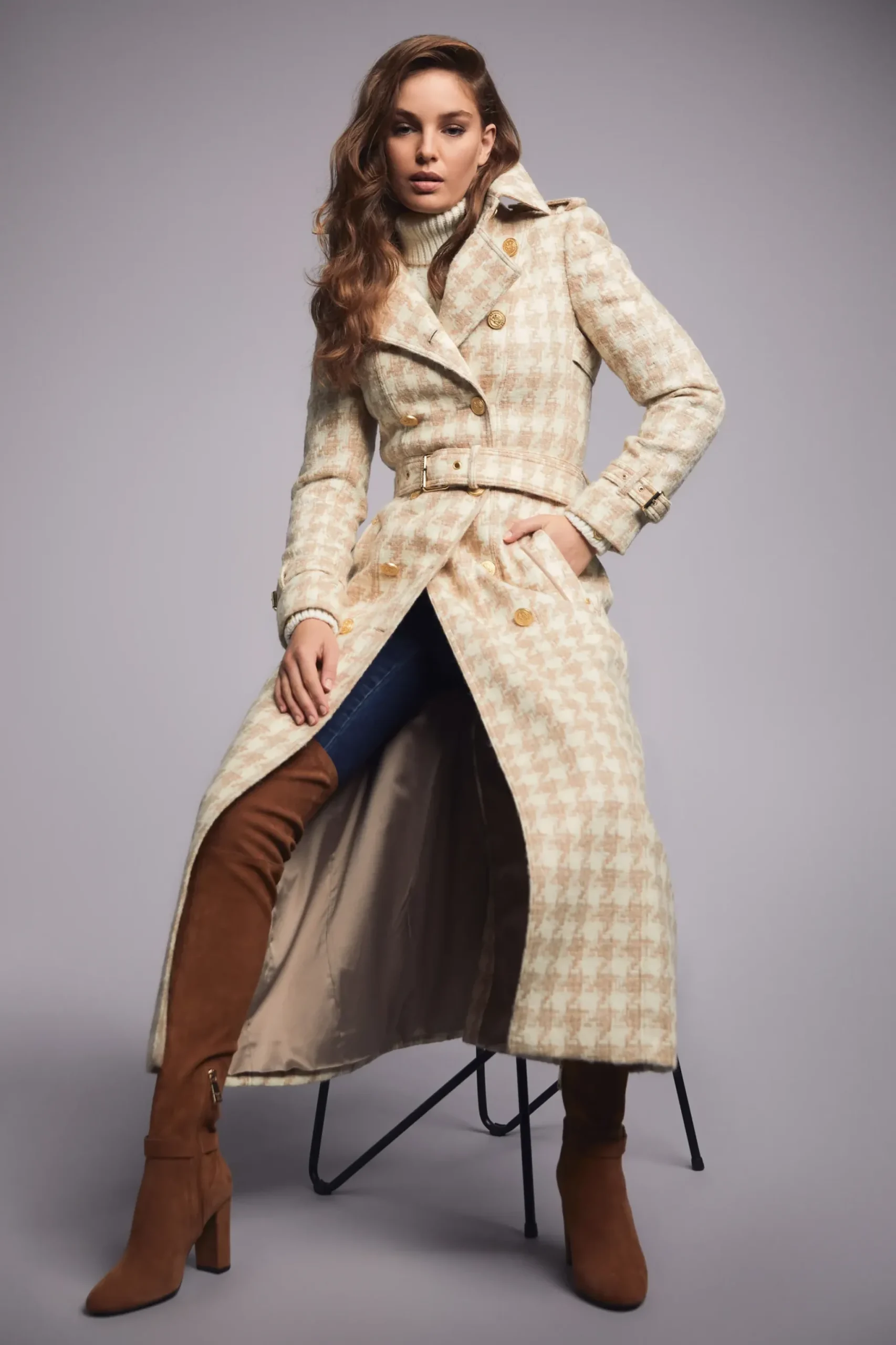 Holland Cooper Full Length Marlborough Trench Coat Camel Houndstooth Best