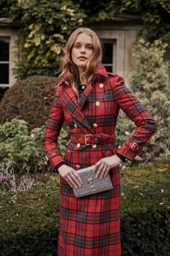 Holland Cooper Full Length Marlborough Trench Coat Red Tartan Discount