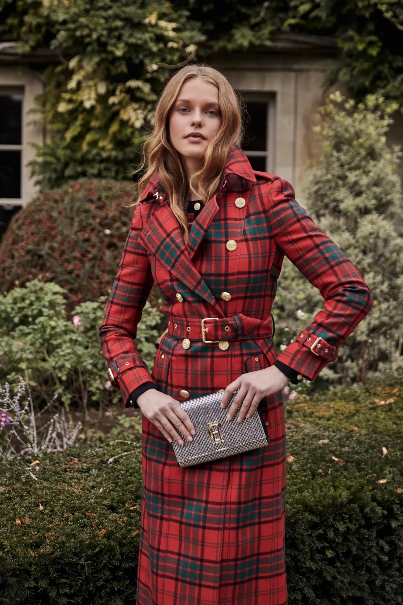 Holland Cooper Full Length Marlborough Trench Coat Red Tartan Discount