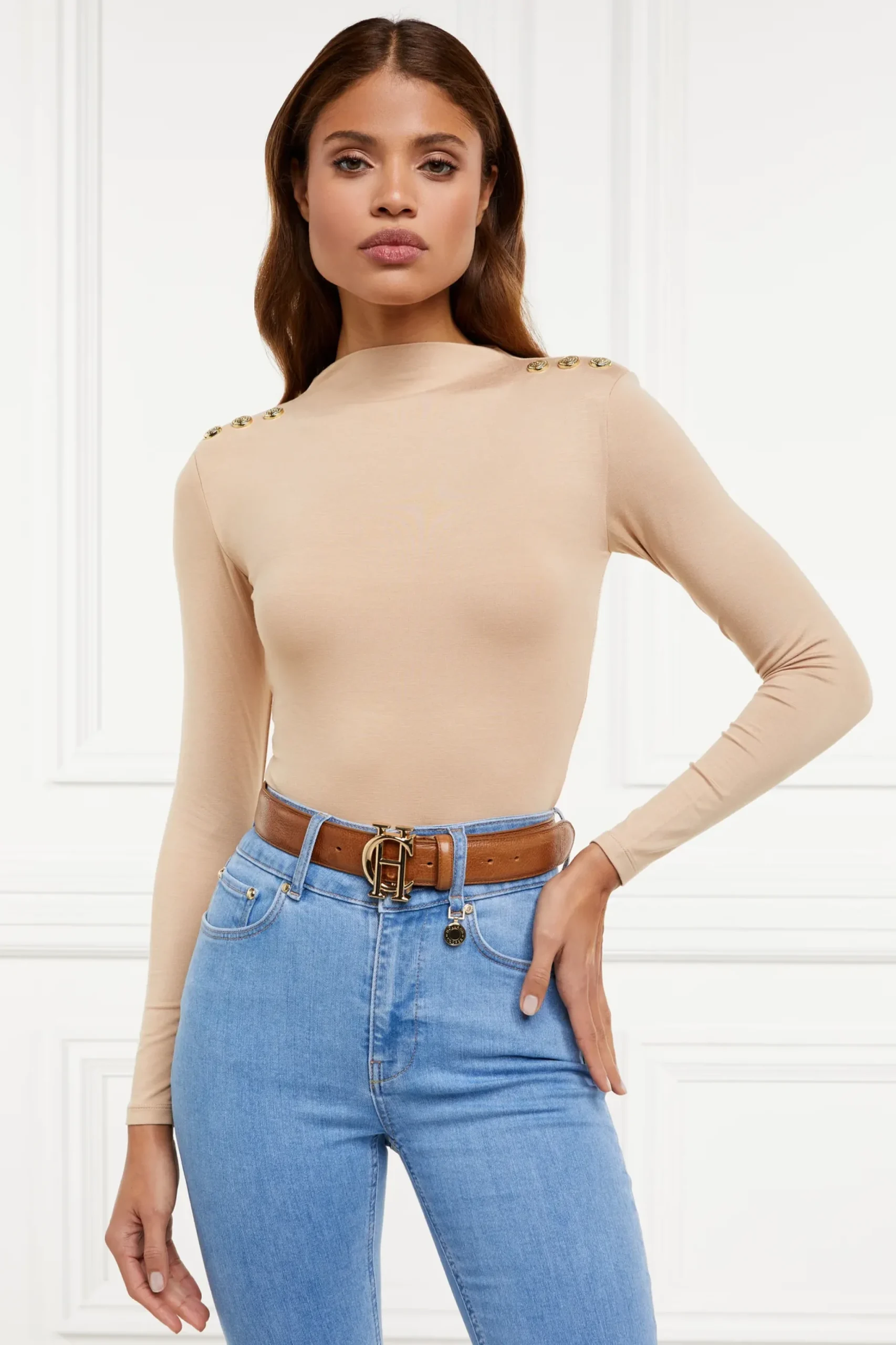 Holland Cooper Harper Long Sleeve Bodysuit Light Camel Clearance