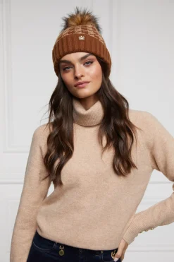 Holland Cooper Heritage Bobble Hat Toffee Houndstooth New