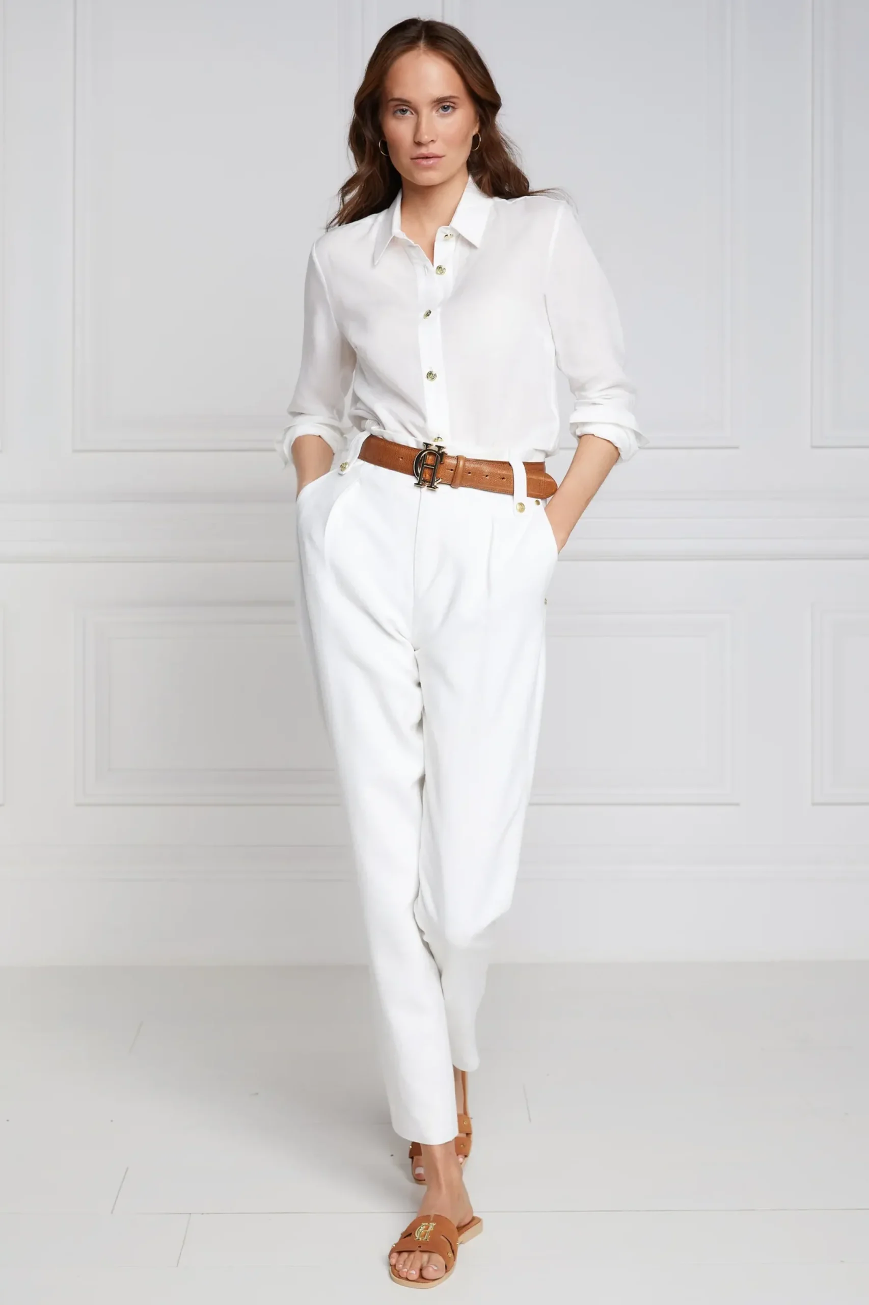 Holland Cooper High Waisted Peg Trouser Oyster Linen Hot