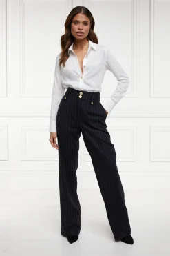 Holland Cooper High Waisted Straight Trouser Navy Chalk Pin Stripe Best
